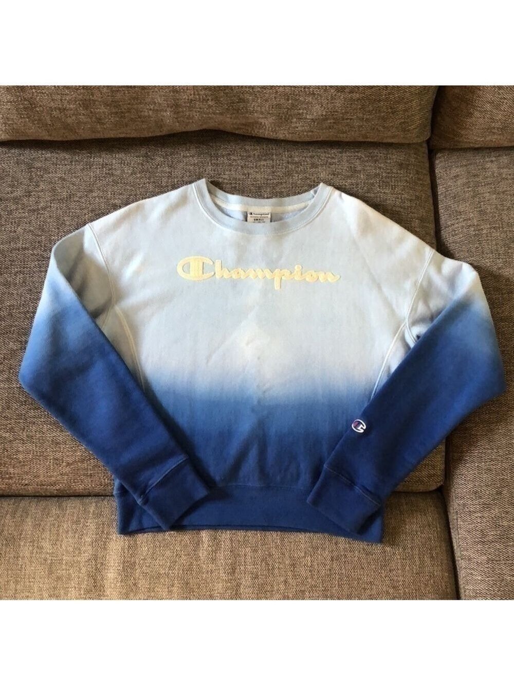 CHAMPION Reverse Weave Blue Dip Dye Script Ombre Crewneck Pullover Sweatshirt S